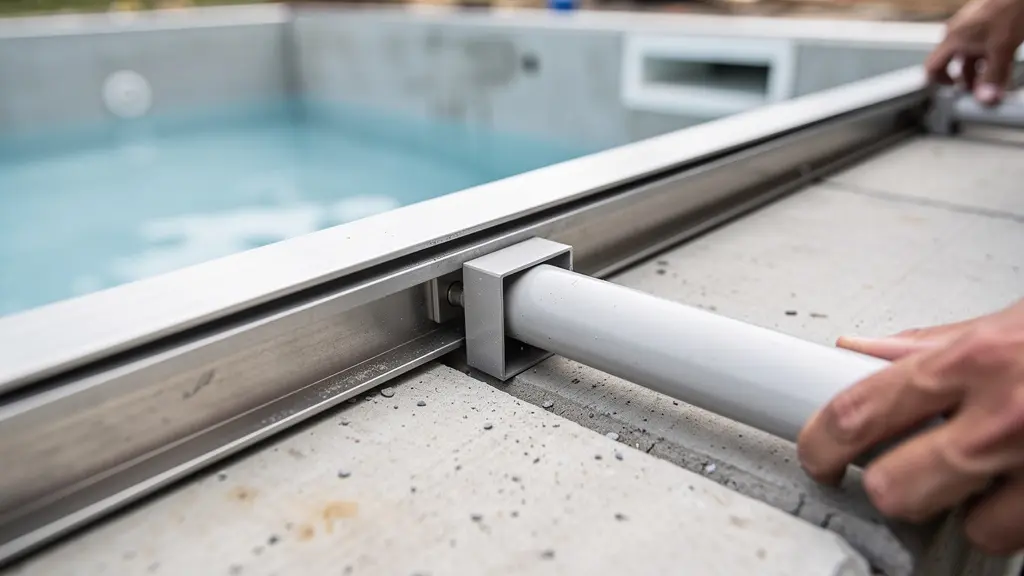 Détail système accrochage hung avec rail et bourrelet liner piscine