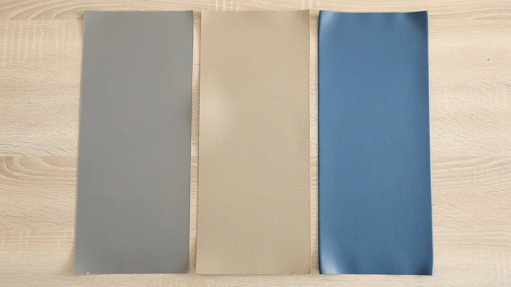 Échantillons de liner piscine différentes épaisseurs et coloris posés sur surface
