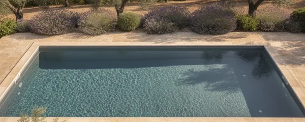 Piscine enterrée avec liner coloré visible sous eau cristalline dans jardin méditerranéen