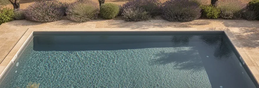 Piscine enterrée avec liner coloré visible sous eau cristalline dans jardin méditerranéen
