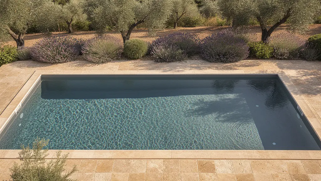 Piscine enterrée avec liner coloré visible sous eau cristalline dans jardin méditerranéen