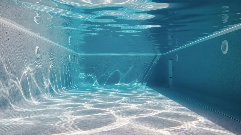 Vue sous-marine piscine montrant rendu couleur eau avec liner gris et reflets naturels